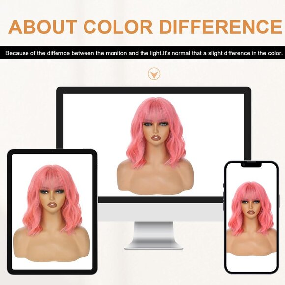 Women's Pink Synthetic Heat Resistant Short Wavy Shoulder Length Cosplay Wig - Picture 5 of 7